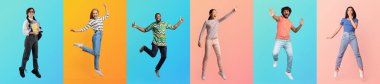 Bir kolaj, dinamik pozlarla rengarenk arka planlara karşı neşe ifade eden çeşitli arkaplanlardan bireyleri içerir..
