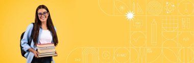 Kendini işine adamış bir öğrenci elinde bir yığın kitap tutarken kendinden emin duruyor. Eğitim simgelerinin yer aldığı canlı sarı zemin, öğrenme ve başarı atmosferini geliştirir..