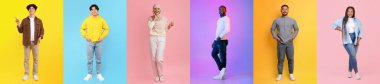 Farklı bireylerden oluşan bir kolaj parlak, renkli arka planlara karşı tam boy pozlarda güvenle durur..
