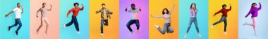Renkli arka planlara karşı enerjik bir şekilde sıçrayan çok ırklı bireylerden oluşan bir grup. Bu yaşam tarzı kolajı hareket ve ifade çeşitliliğini gösterir, neşe ve birlikteliği vurgular.