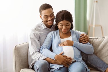 Gülümseyen adam, güzel, neşeli, hamile karısına sarılıyor, oturma odasında birlikte oturuyor, fotokopi çekiyor. Mutlu Afro-Amerikan çifti evde rahat bir şekilde poz vermeyi bekliyor.