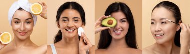 Dört kadın evde çeşitli güzellik aktivitelerine katılıyor, limon ve avokado gibi doğal malzemelerle cilt rutinleri sergiliyorlar. Her biri odaklanmış ve gülümsüyor, özgüvenin altını çiziyor..
