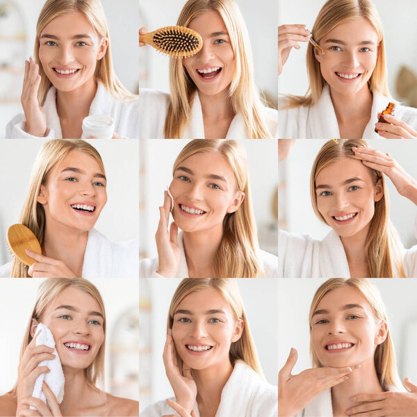 Этот коллаж представляет собой радостного человека, занимающегося различными видами деятельности по уходу за кожей дома. Основные моменты включают в себя расчесывание волос, применение продуктов, и наслаждаясь успокаивающий момент ухода за собой.