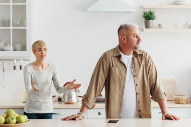 Evde kavga, çığlıklar, kızgın bir çift, aile sorunları ve skandal. Orta yaşlı karı koca mutfak içinde kavga ediyor, erkek kadın argümanlarını görmezden geliyor, boş alan.