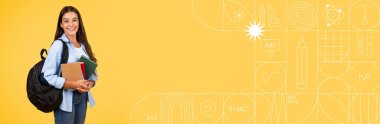 Neşeli bir öğrenci elinde kitaplarla ve sırt çantasıyla özgüvenle ayakta duruyor. Bu canlı arka plan, okul temalı bir tasarım için mükemmel olan eğitim ve öğrenme üzerine odaklanmayı artırır..