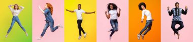 Farklı bireylerden oluşan bir grup, çok ırklı arka planlar sergiliyorlar, neşeli bir şekilde renkli arkaplanlara sıçrıyorlar. Mutluluk ve canlılığı dinamik pozlarla ifade ederler..