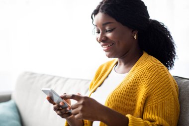 Akıllı telefonlu güzel Afro-Amerikan bayan hafta sonunun keyfini çıkarıyor. Gülümseyen siyah bir kadın arkadaşlarıyla veya sevgilileriyle sohbet ediyor, cep telefonu kullanıyor, kopya alanı olan bir panorama kullanıyor.