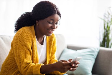 Evdeki kanepede oturan, akıllı telefon kullanan, arkadaşlarıyla ya da sevgilileriyle sohbet eden, fotokopi alanı olan bir panorama. Cep telefonu tutan mutlu Afrikalı Amerikalı kadın