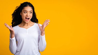 Şok edici bir teklif. Şaşırmış siyahi kadın heyecanla alkışlıyor Afrikalı Amerikalı kadının ellerini kaldırması ve sevinçle bağırması, sarı arka planda durması,