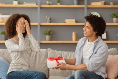 Erkek, sevgililer gününde ya da tatilde sevgilisine evde kanepede hediyeyle sürpriz yapar. Gülümseyen bin yıllık Afro-Amerikan dişisi gözlerini kapar, erkek rahat oturma odasında hediyesini verir.