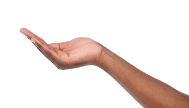 Holding ya da sunuyor. Uzanmış erkek el, adam boş palm beyaz izole arka plan üzerinde tutulması