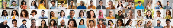 A vibrant collection of portraits showcasing people from various backgrounds and cultures. Each individual expresses joy and happiness, representing diversity in a lively setting.