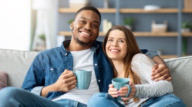 Ev Tatili. Mutlu ırklar arası çiftler televizyon izleyip, kanepede kahve içiyorlar. Romantik genç siyahi adam ve beyaz kadın rahat oturma odasında dinleniyor. Ev eğlencesi, boş yer.