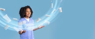 Bir doktor, yüzen haplar ve ilaç şişeleriyle çevrili kolları açık bir şekilde güvenle ayakta durur. Arka plan rahatlatıcı bir mavi, modern sağlık hizmetlerinin canlı bir tasvirini oluşturuyor..