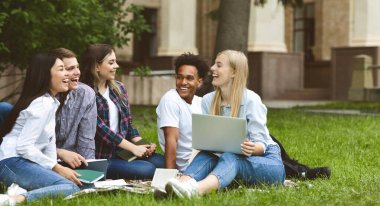 Üniversite öğrencileri kampüste tartışıyor, çimenlerde oturuyor, sınavlara hazırlanıyor.