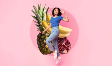 Canlı bir kolaj, vitaminlerin ve besinlerin önemini vurgulayan çeşitli meyvelerle neşe içinde poz veren genç bir kadını içerir..
