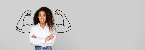 A confident African American woman stands with arms crossed, showcasing strength and spirit. The creative collage features a panoramic background emphasizing positive energy and empowerment.