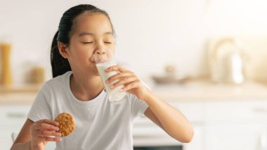 Asyalı kız süt içiyor ve kurabiyelerden hoşlanıyor, mutfakta oturuyor ve abur cubur yiyor, boş yer. Tatlı çocuk taze pişmiş bisküvi ve kalsiyum içeceği ile bir ısırık alıyor.