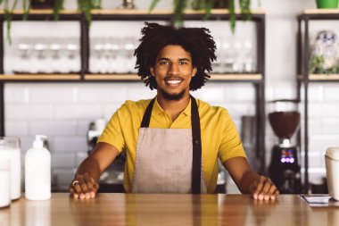 Neşeli, kıvırcık, çekici, siyah önlüklü, barın arkasında müşterisini bekleyen bir barmen. İş ve küçük işletme, covid-19 salgını sırasında başlangıç, yeni normal ve sağlık hizmetleri