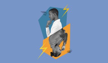 Çarpıcı bir kolaj, yukarıda derin düşüncelere dalmış bir adamı ve aşağıda hareketli bir figürü gösterir. Arkaplan, görüntünün kontrastını artırmak için canlı mavi ve sarı kullanır..