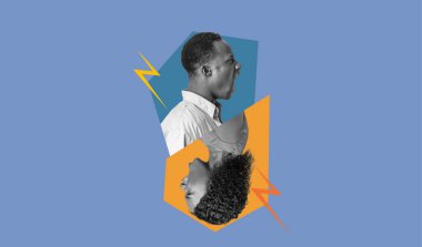 Bu kolaj, parlak mavi bir arka planda yer alan yüz ifadeleriyle güçlü duyguları ifade eden iki figürü içeriyor. Tasarım yoğunluklarını ve bağlantılarını vurgular.