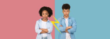 Two young people stand with crossed arms, expressing disagreement. One is dressed casually in blue while the background contrasts in pink and blue.