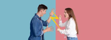 İki birey canlı bir kolajda tasvir edilirken, biri şok olmuş ve diğeri bağırıyor. Arkaplan renkleri zıt, yoğun etkileşimlerini vurguluyor.