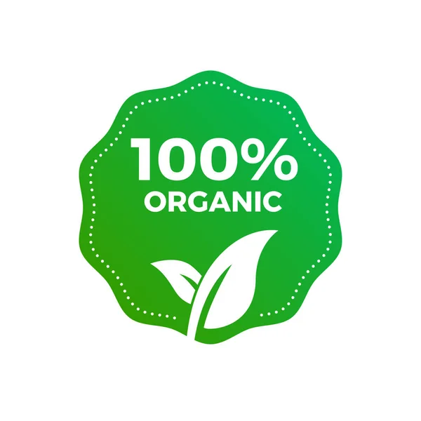 100 Organic Green Leaf Vector Label — Stock Vector