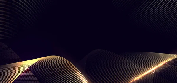Розкішна Золота Лінія Кривої Ефектом Освітлення Іскрою Темно Синьому Фоні — стоковий вектор
