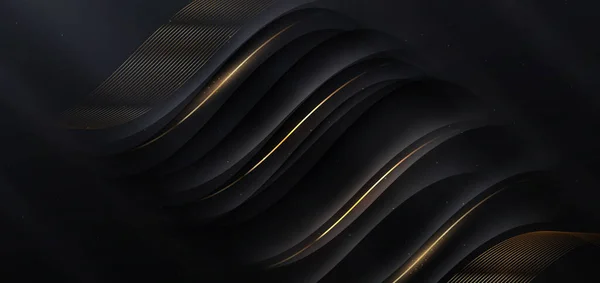 Розкішні Криві Золоті Лінії Чорному Тлі Ефектом Освітлення Копіюють Простір — стоковий вектор