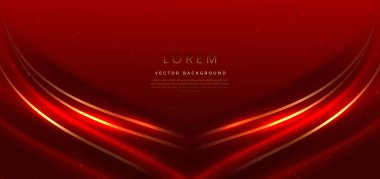 Abstract 3d gold curved red ribbon on red background with lighting effect and sparkle with copy space for text. Luxury design style. Vector illustration