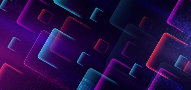 Soyut teknoloji fütüristik neon diyagonal parlak mavi ve pembe kare şekilli koyu mavi arkaplan üzerinde hız hareketi bulanıklığı etkisi. Vektör illüstrasyonu
