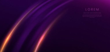 Lşık efektli koyu mor arkaplanda soyut, parlak altın kıvrımlı çizgiler ve metin için fotokopi alanı. Lüks tasarım tarzı. Vektör illüstrasyonu