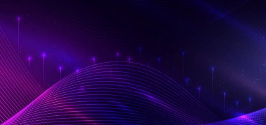 Soyut dijital teknoloji fütüristik neon çizgileri, koyu mavi arka planda ışık efektiyle mavi ve pembe renkte parlıyor. Vektör illüstrasyonu