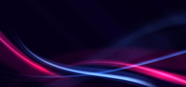 Soyut teknoloji fütüristik neon kıvrımlı parlak mavi ve pembe ışık çizgileri koyu mavi arka plan üzerinde hızlı hareket bulanıklığı etkisi var. Vektör illüstrasyonu