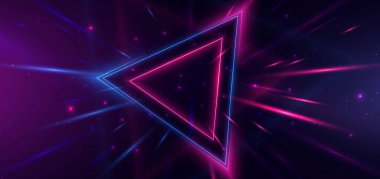 Soyut teknoloji fütüristik neon üçgen parlak mavi ve pembe ışık çizgileri koyu mavi arkaplan üzerinde hızlı hareket bulanıklığı etkisi. Vektör illüstrasyonu
