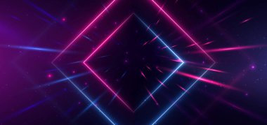 Abstract technology futuristic neon square glowing blue and pink light lines with speed motion blur effect on dark blue background. Vector illustration