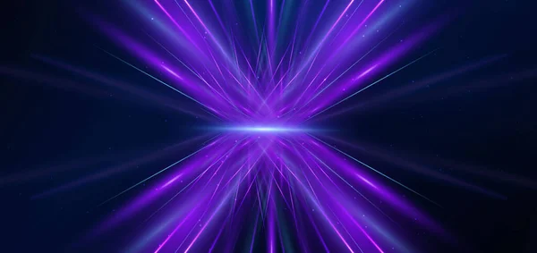 アブストラクトテクノロジーダークブルーの背景に高速モーションブラー効果を持つ未来的な輝く青と紫の光の線 ベクターイラスト — ストックベクタ