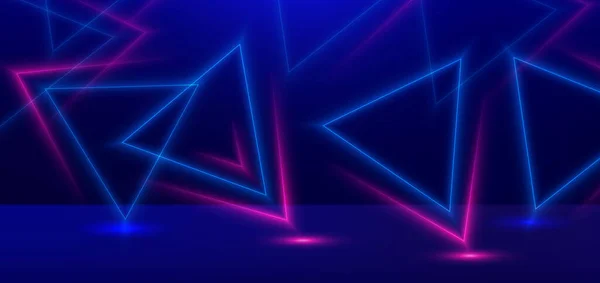 Abstract Technologie Futuristische Neon Driehoek Frame Gloeiende Blauwe Roze Lichtlijnen — Stockvector