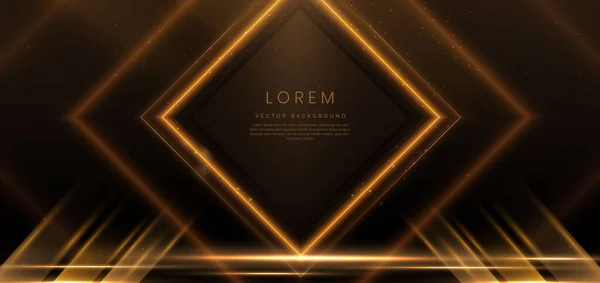 Luxury Square Frame Golden Glitter Effect Glowing Black Background Lighting — Stock Vector