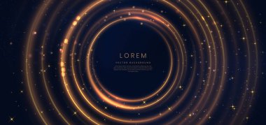 Soyut lüks altın çemberler koyu mavi arka planda ışık efekti ve yayılma ile üst üste biniyor. Şablon premium ödül tasarımı. Vektör illüstrasyonu