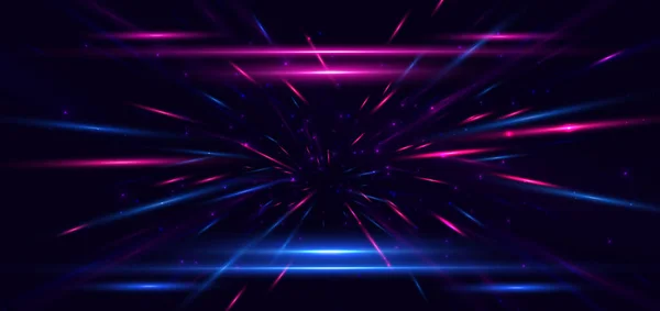 アブストラクトテクノロジーダークブルーの背景に高速モーションブラー効果を持つ未来的なネオン輝く青とピンクのライトライン ベクターイラスト — ストックベクタ
