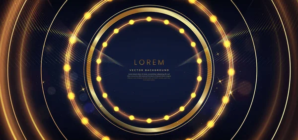 Abstracte Gouden Cirkel Lijnen Gloeien Met Lichteffect Donkerblauwe Achtergrond Bokeh — Stockvector