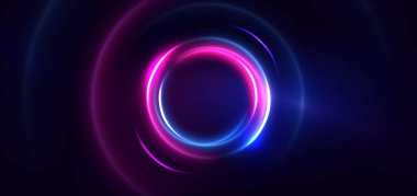 Soyut teknoloji fütüristik daireler parlak mavi ve pembe ışık çizgileri ve koyu mavi arka plan üzerinde hızlı hareket bulanıklığı. Vektör illüstrasyonu