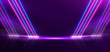 Soyut mavi ve pembe neon köşegenler koyu mor arka planda parıldıyor. Vektör illüstrasyonu
