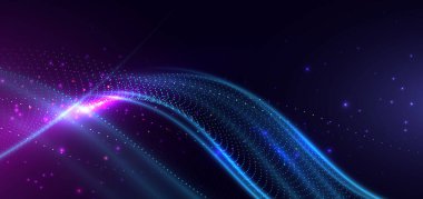 Soyut teknoloji fütüristik dijital konsept dalga nokta deseni ve koyu mavi arkaplanda parlayan parçacıklar. Vektör illüstrasyonu