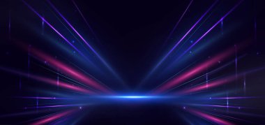 Abstract technology futuristic glowing blue and red light lines with speed motion blur effect on dark blue background. Vector illustration