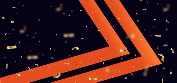 Abstrakter Orangefarbener Pfeil Auf Dunkelblauem Hintergrund Mit Goldenem Konfetti Feiern — Stockvektor