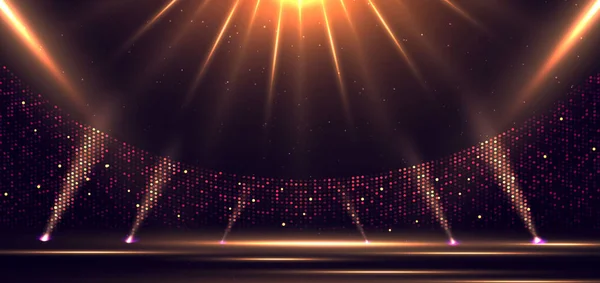Elegant Gouden Podium Horizontaal Gloeiend Met Lichteffect Schitteren Donkere Achtergrond — Stockvector