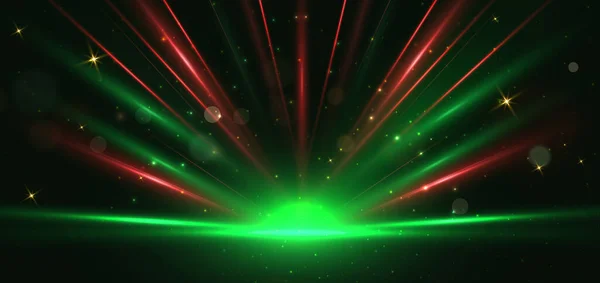 Abstract Rode Groene Lichtstralen Zwarte Achtergrond Met Lichteffect Bokeh Vectorillustratie — Stockvector